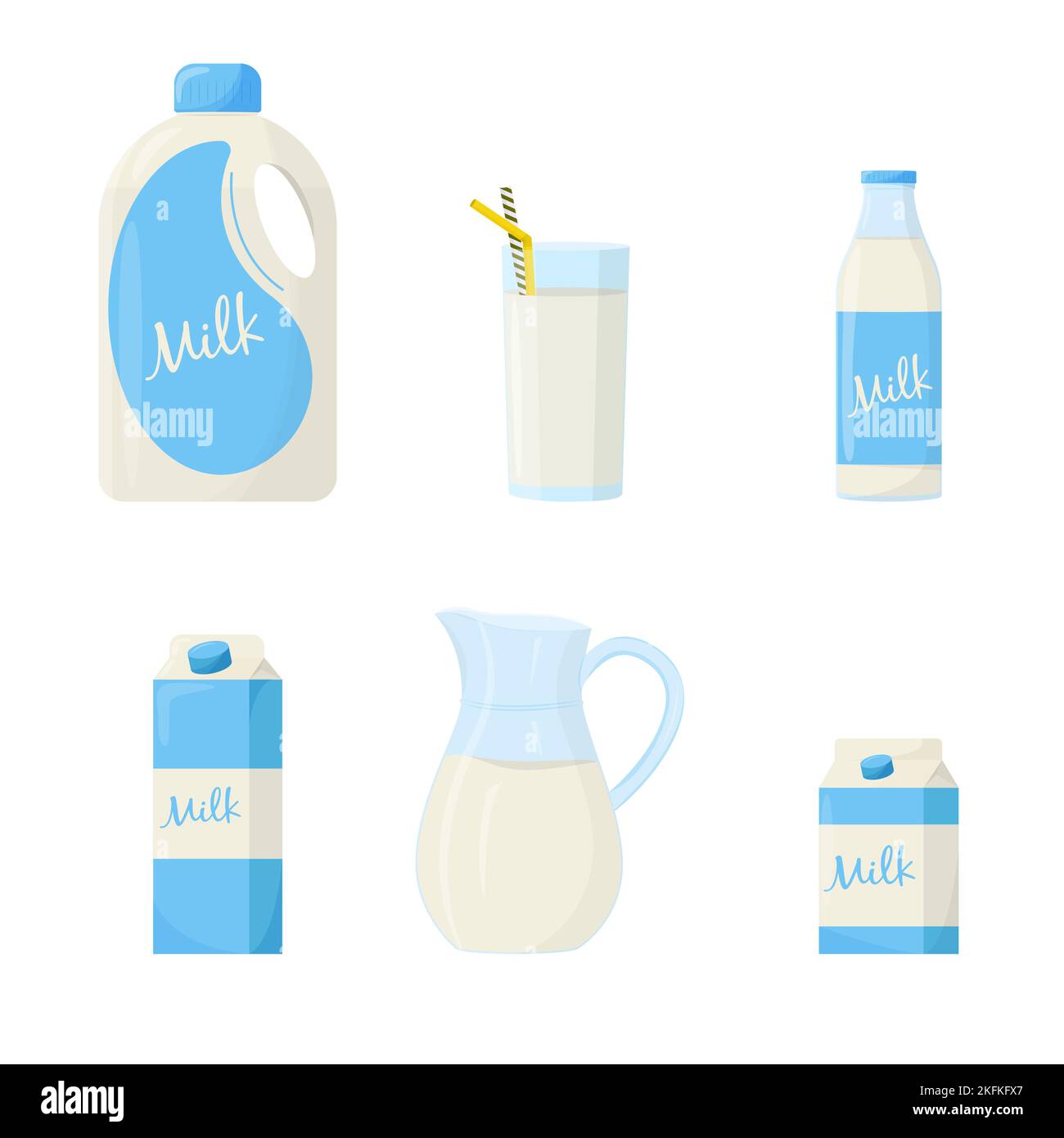 Set di latte in diverse confezioni: Vetro, cartone, bottiglia. Elementi per il design di prodotti agricoli, alimenti sani. Illustrazione del vettore piatto Illustrazione Vettoriale