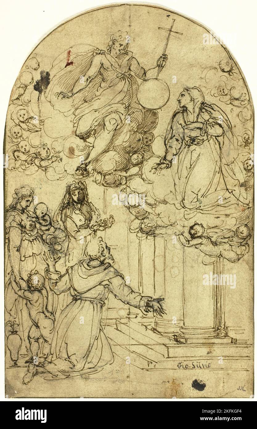 Visione di San Francesco d'Assisi a Portiuncula (recto); (disegno ornamentale (verso)), n.d. Cerchio di Alessandro Allori. Foto Stock