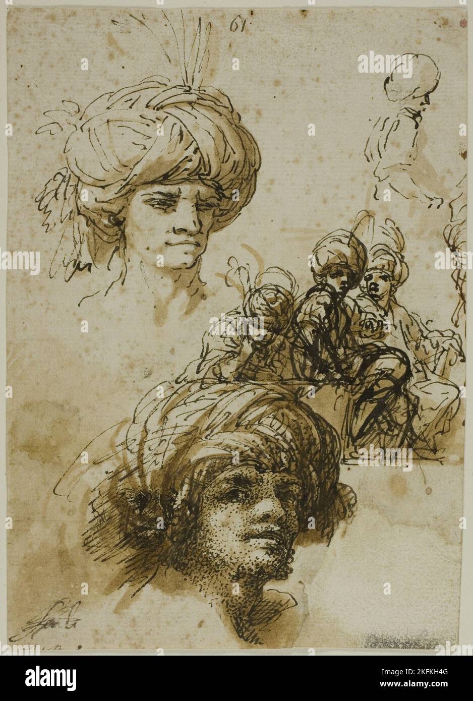 Schizzi di Turban Men (recto); (frammento di una figura e schizzi di Foliated Architectural Ornament (verso)), n.d. Attribuito a Salvator Rosa. Foto Stock