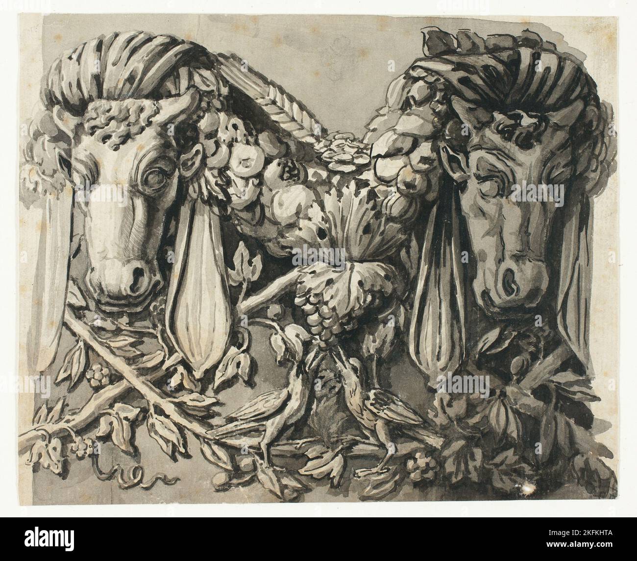 Ornamento con due teste di toro (recto); (schizzo dei bordi geometrici (verso)), n.d. Attribuito a Jean-Charles Delafosse. Foto Stock