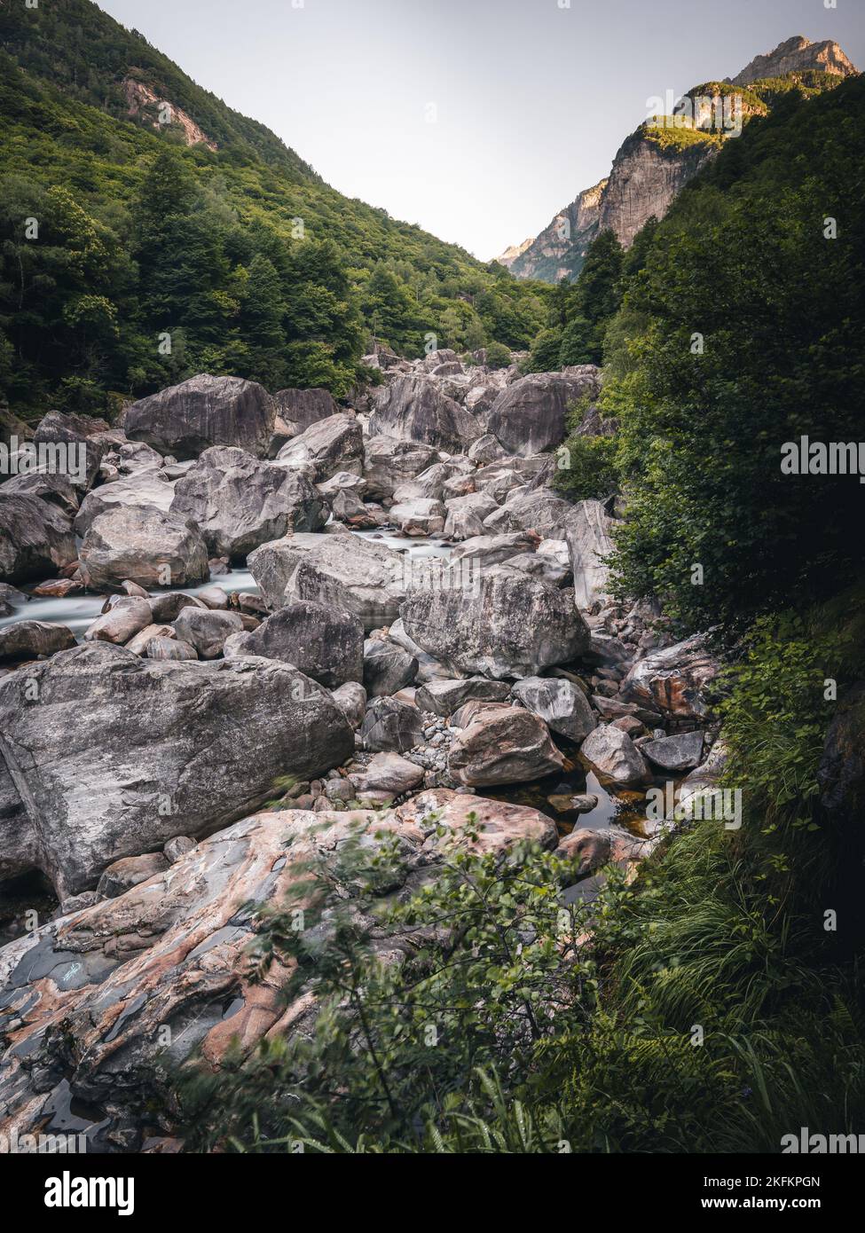 Un colpo verticale di pietre in una zona montagnosa coperta di verde, Lavertezzo, Svizzera, Canton Ticino Foto Stock