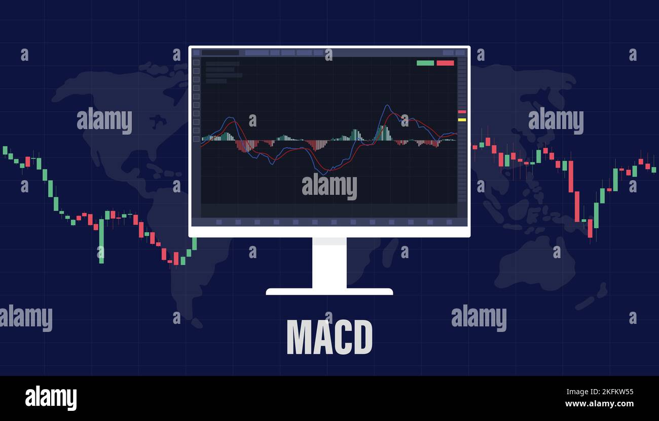 macd Moving Average Convergence Divergence Indicator for stock market trading with big screen and Candle Stick with Modern flat style vector Illustrat Foto Stock