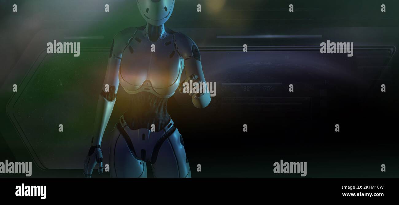 Robot che tocca o punta qualcosa con una mano. Foto Stock