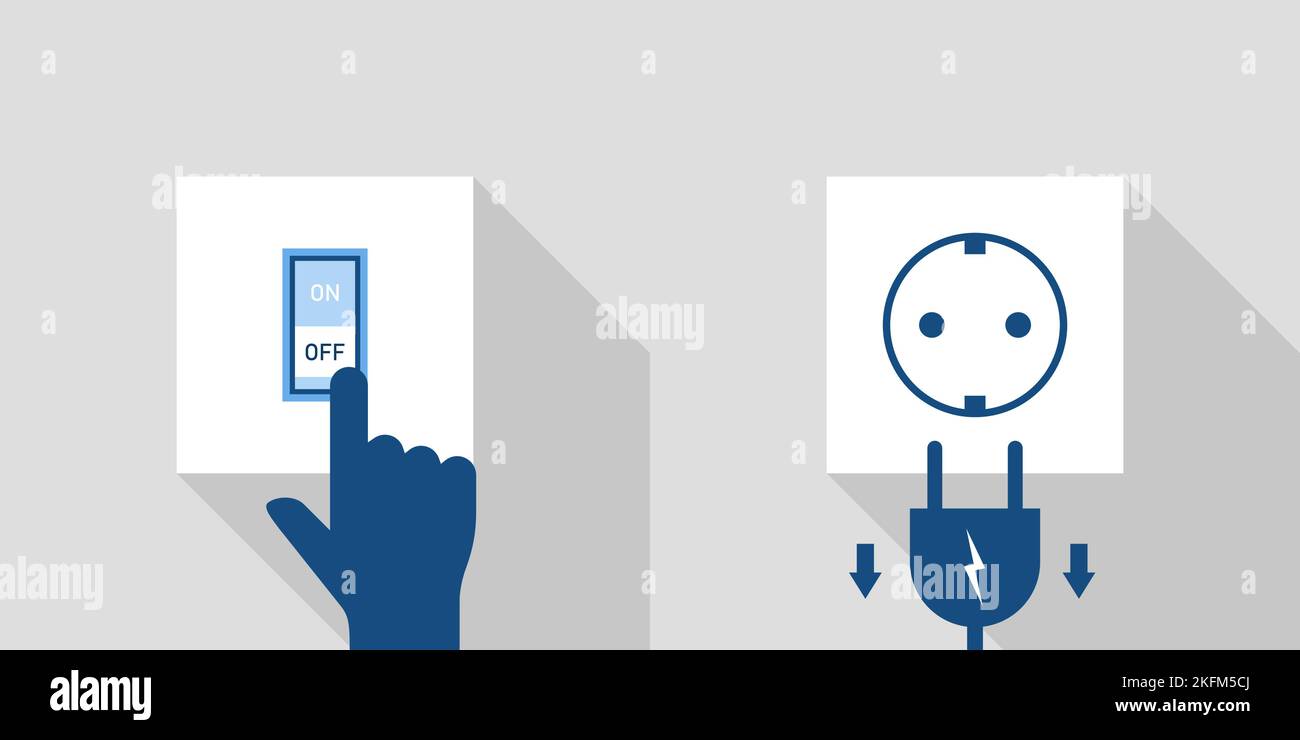 Risparmio energetico, spegnimento manuale delle luci, interruttore elettrico, presa a muro e spina, efficienza energetica, vettore Illustrazione Vettoriale