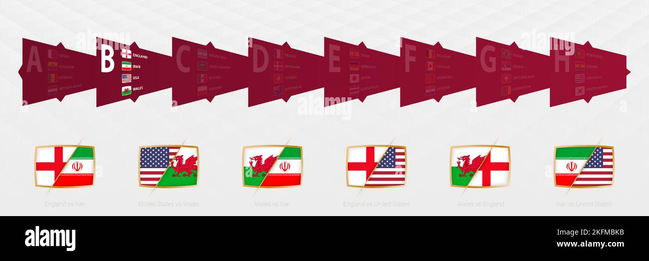 Contro le icone di tutte le partite del Gruppo B, il set di icone della competizione di calcio 2022. Raccolta vettoriale. Illustrazione Vettoriale