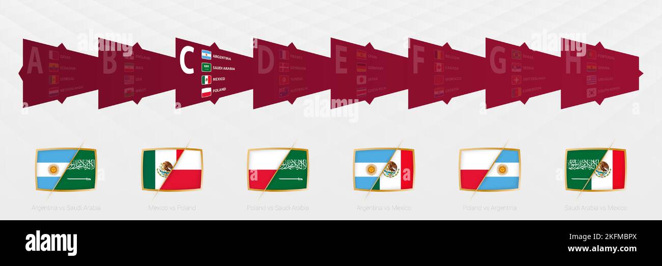 Contro le icone di tutte le partite del Gruppo C, il set di icone della competizione di calcio 2022. Raccolta vettoriale. Illustrazione Vettoriale