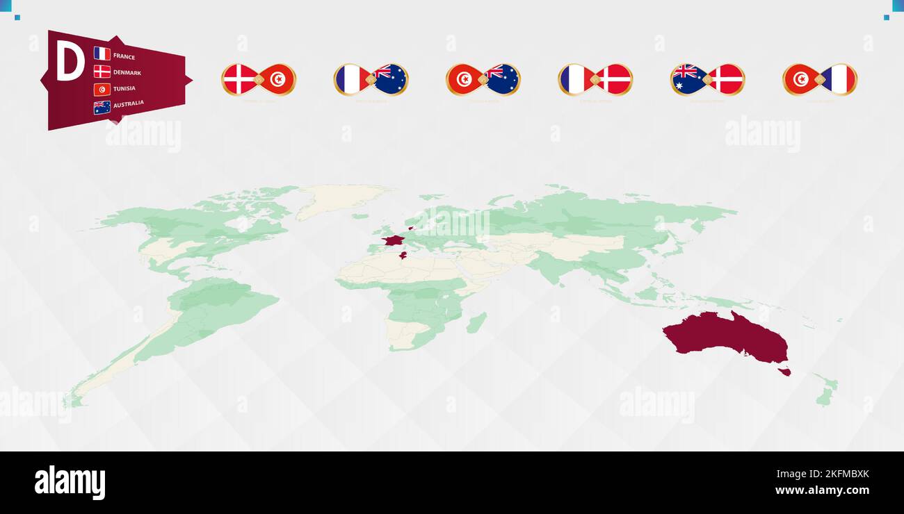 Partecipanti al Gruppo D del torneo di calcio, evidenziato in borgogna sulla mappa del mondo. Tutti i giochi di gruppo. Illustrazione vettoriale. Illustrazione Vettoriale