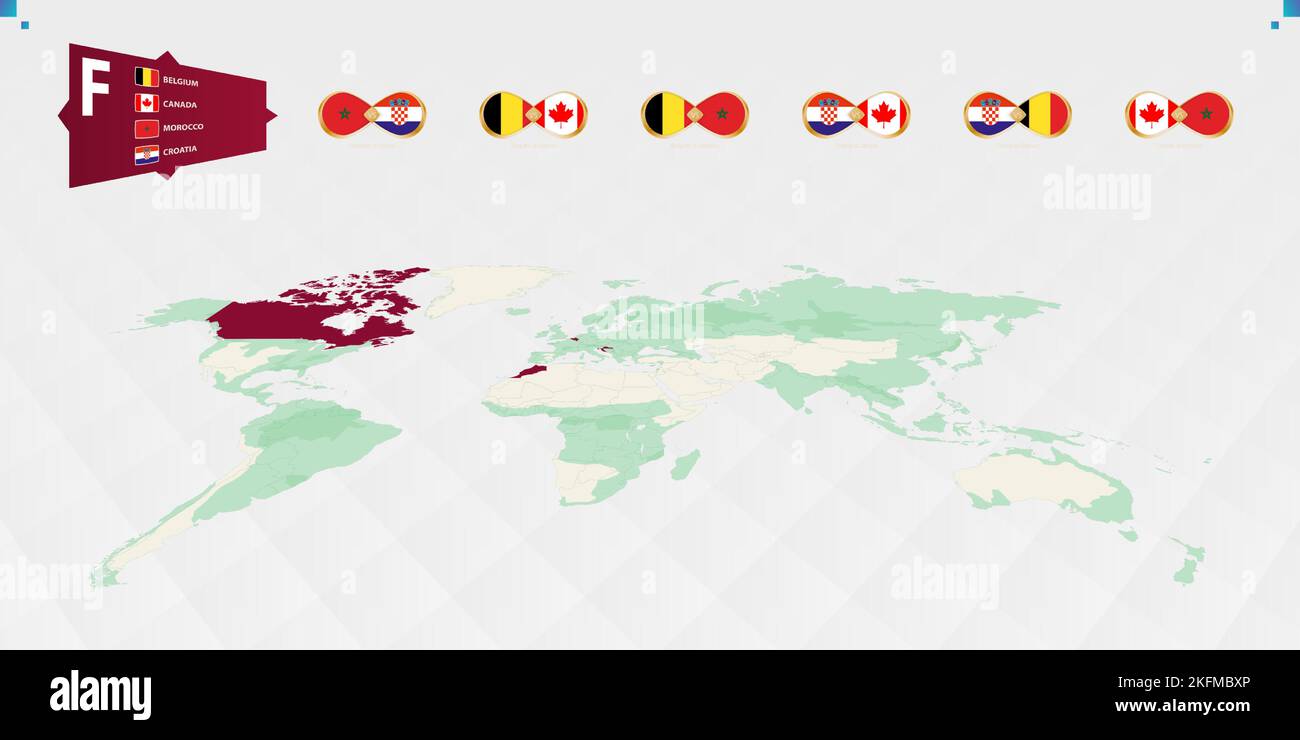 Partecipanti al Gruppo F del torneo di calcio, evidenziato in borgogna sulla mappa del mondo. Tutti i giochi di gruppo. Illustrazione vettoriale. Illustrazione Vettoriale