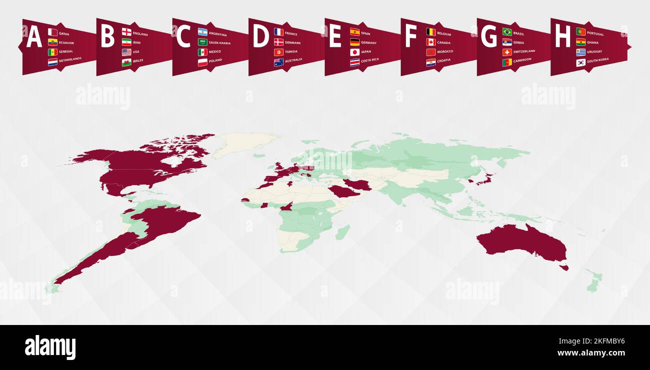 I partecipanti al concorso di calcio sono evidenziati sulla mappa del mondo. Tutti i gruppi di tornei. Illustrazione vettoriale. Illustrazione Vettoriale