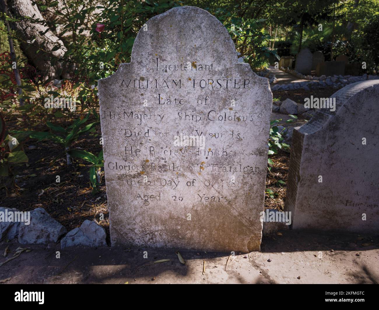 Cimitero di Trafalgar, Gibilterra. Questa è la tomba del tenente William Forster, uno dei due combattenti che morì a Gibilterra a causa delle ferite Foto Stock