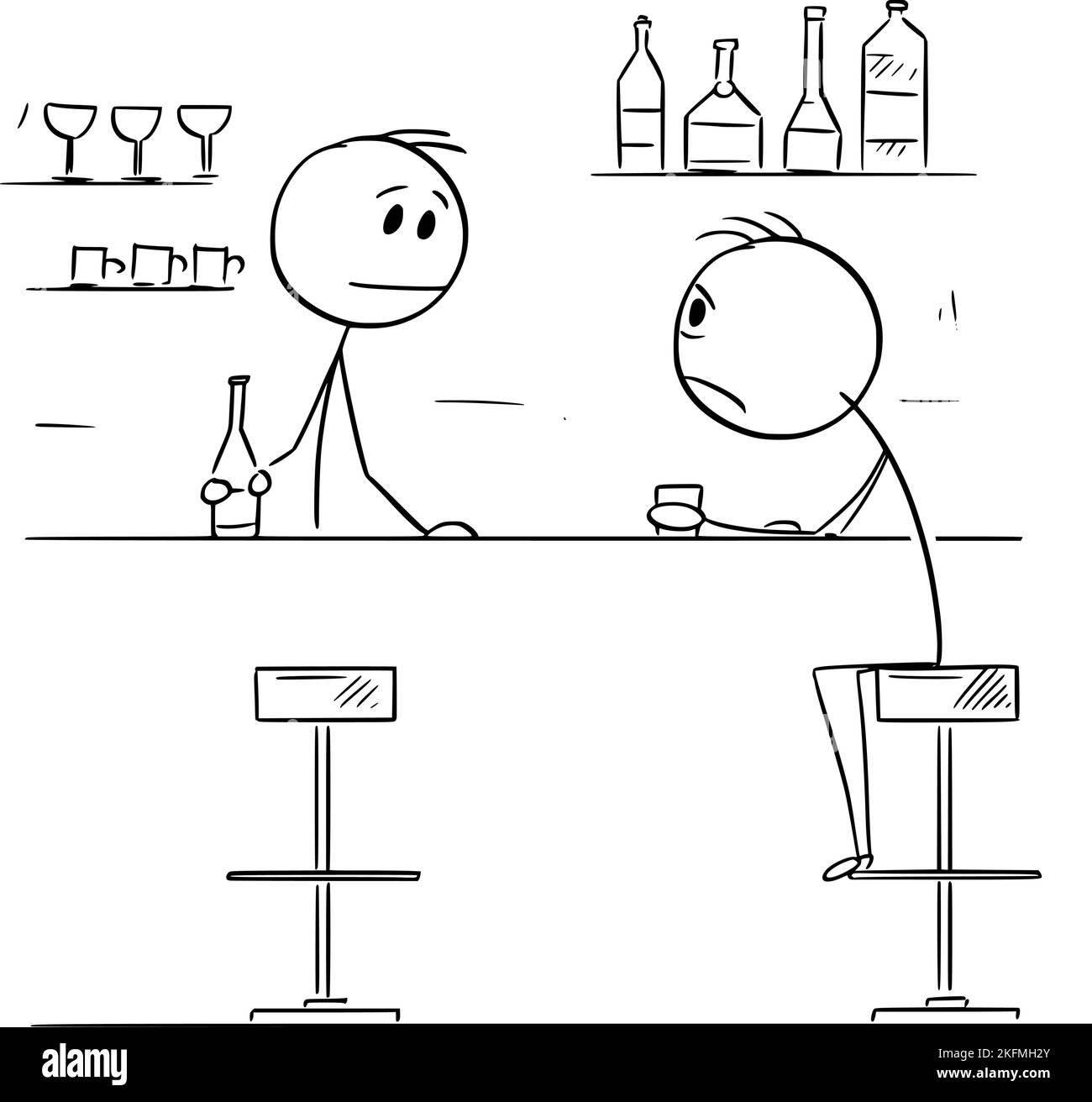 Persona frustrato o triste seduta sul Bar, illustrazione di figura del bastone del vettore Illustrazione Vettoriale