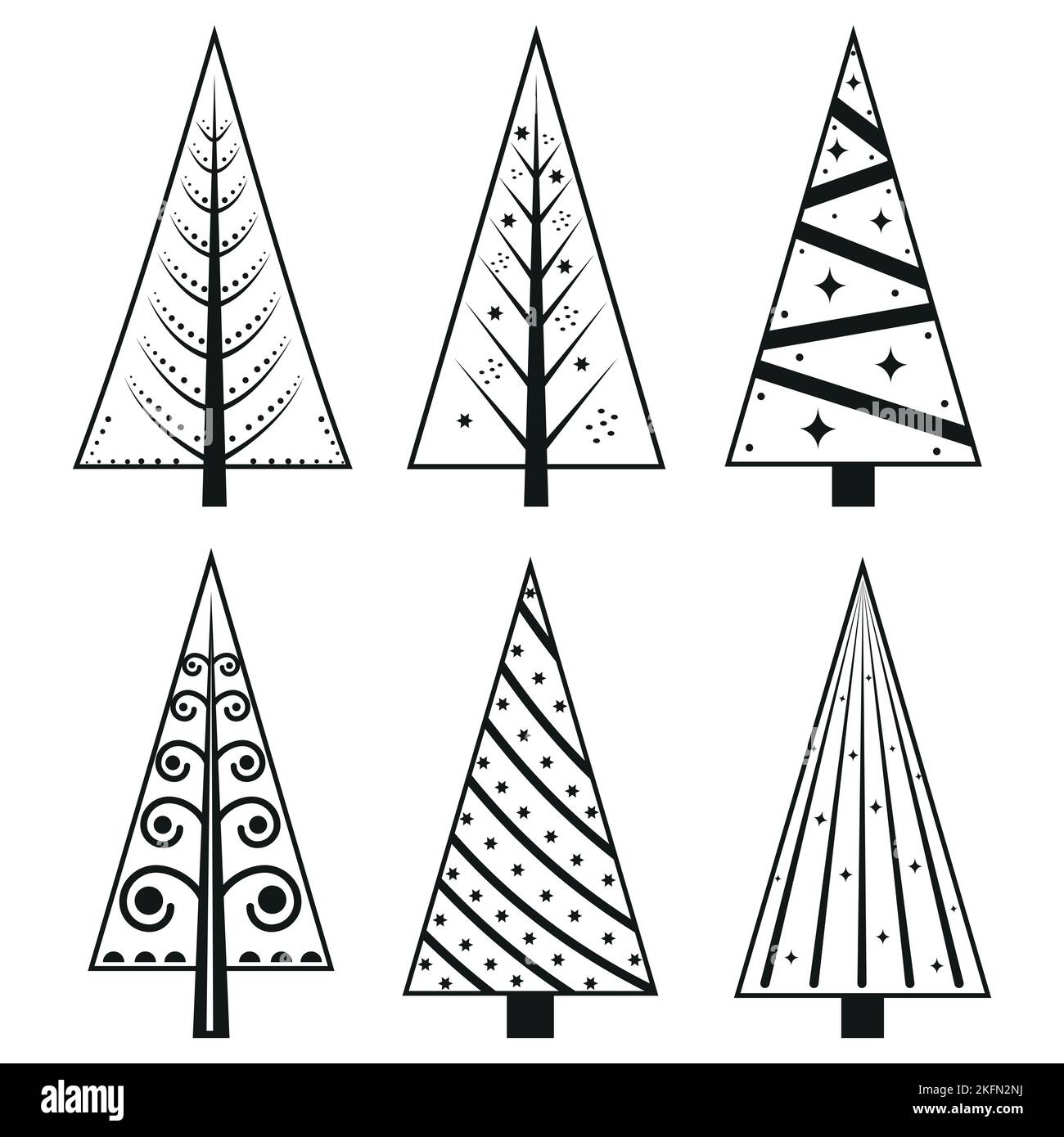 Un insieme di alberi di Natale in stile doodle, contorno nero. Illustrazione del vettore isolato Illustrazione Vettoriale
