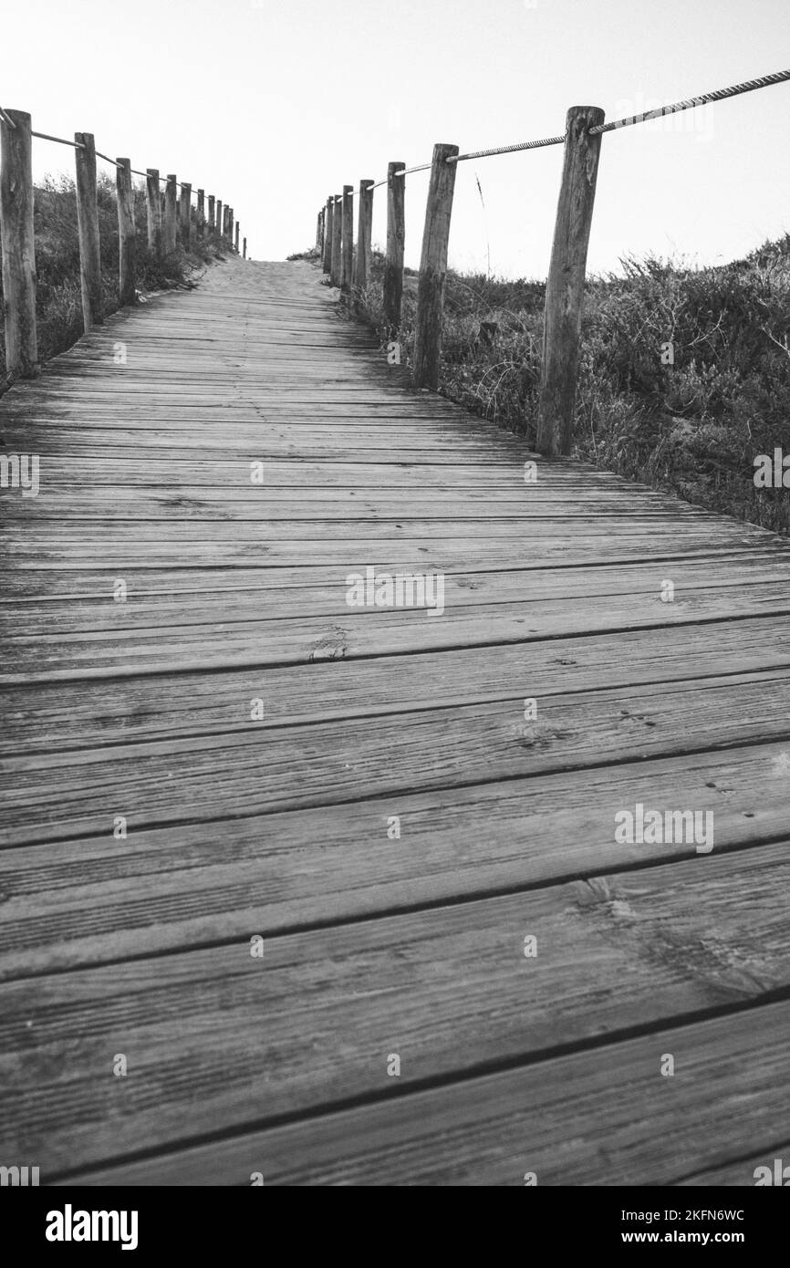 Recinzione di legno e passerella per la spiaggia in bianco e nero. Percorso vuoto monocromatico. Colonne di legno e percorso. Destinazione di viaggio e turismo. Concetto di camminata. Foto Stock