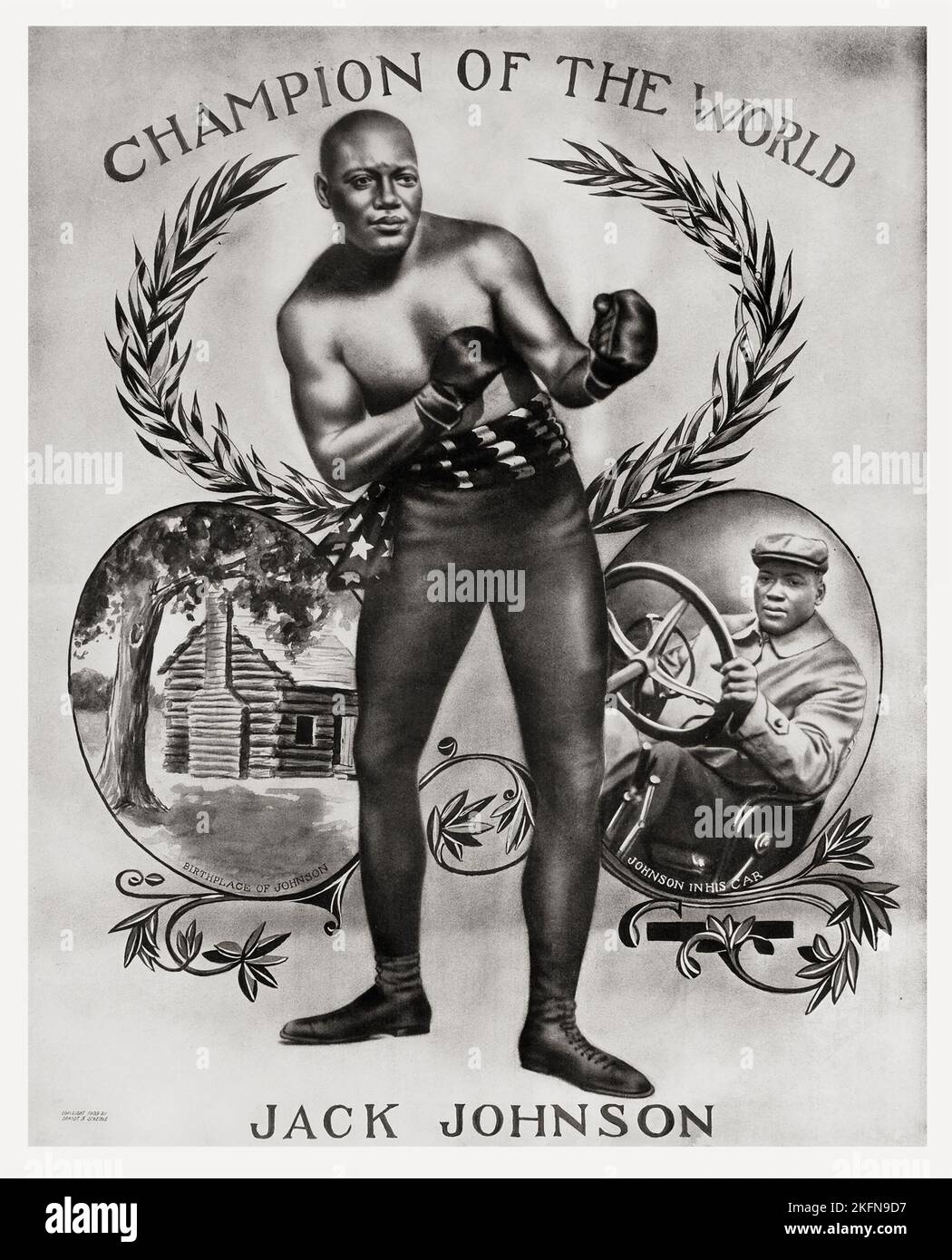Poster di pugilato - Boxer Jack Johnson - campione del mondo, 1909 Foto Stock
