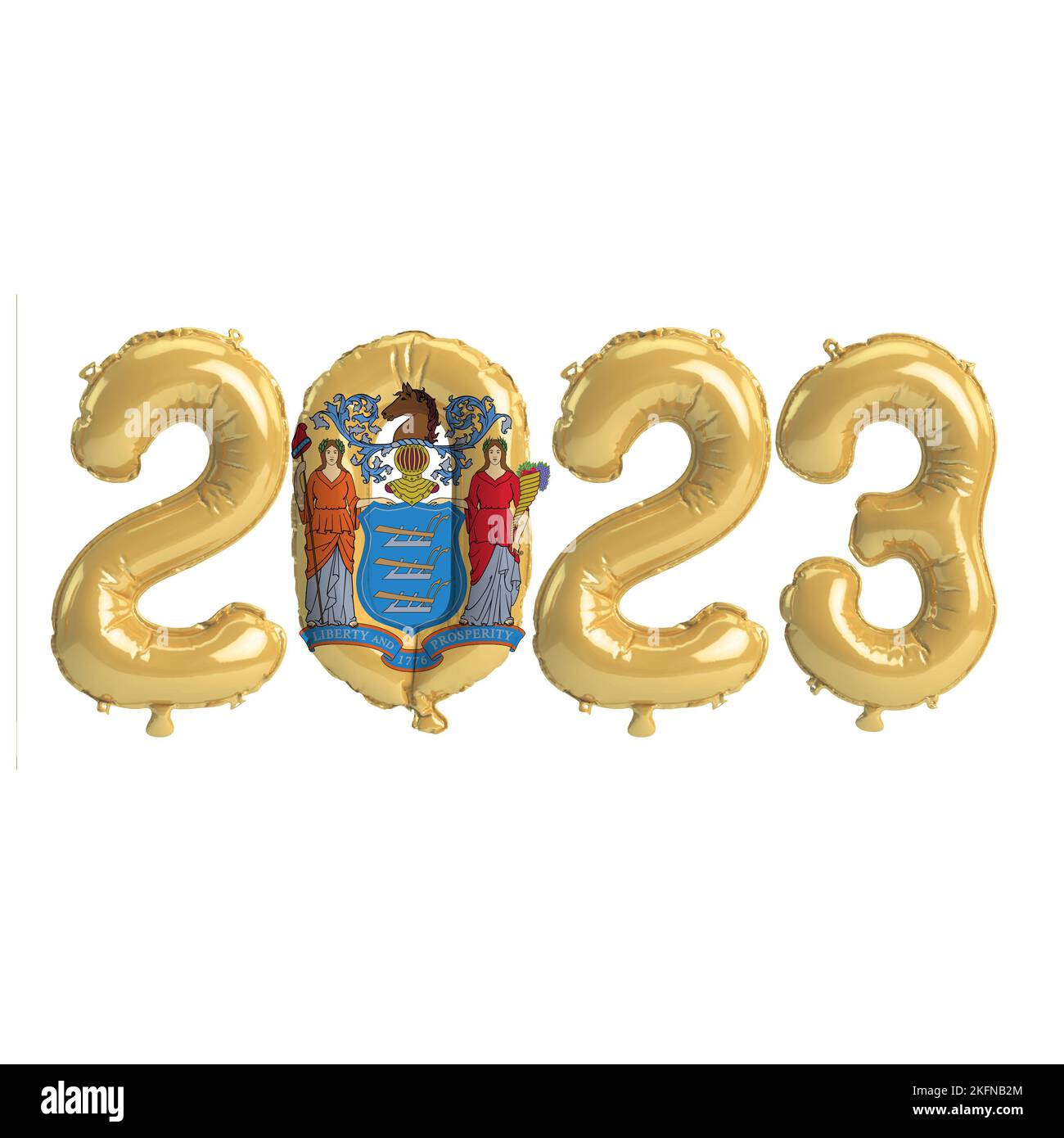 3D illustrazione di 2023 palloncini nel colore della bandiera del New Jersey isolati su sfondo bianco Foto Stock