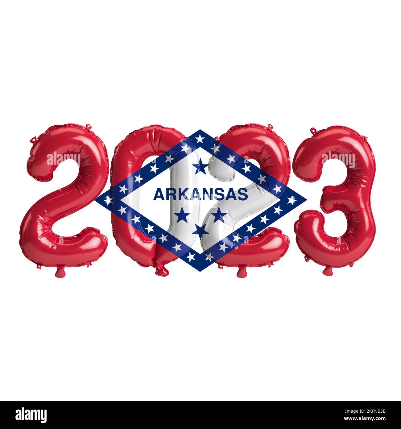 3D illustrazione di 2023 palloncini in Arkansas colore bandiera isolato su sfondo bianco Foto Stock