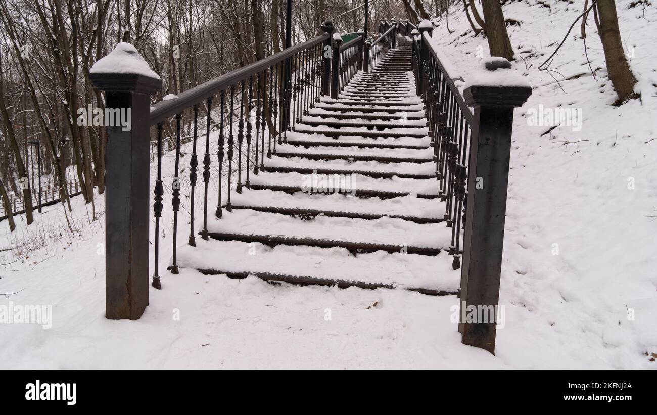 Ferro scale innevate che portano al parco in inverno Foto Stock