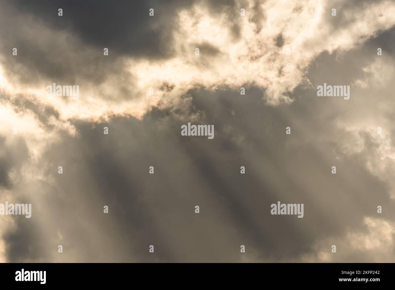 Raggi di luce dei raggi del sole attraverso le nuvole al mattino. Alsazia, Francia. Foto Stock
