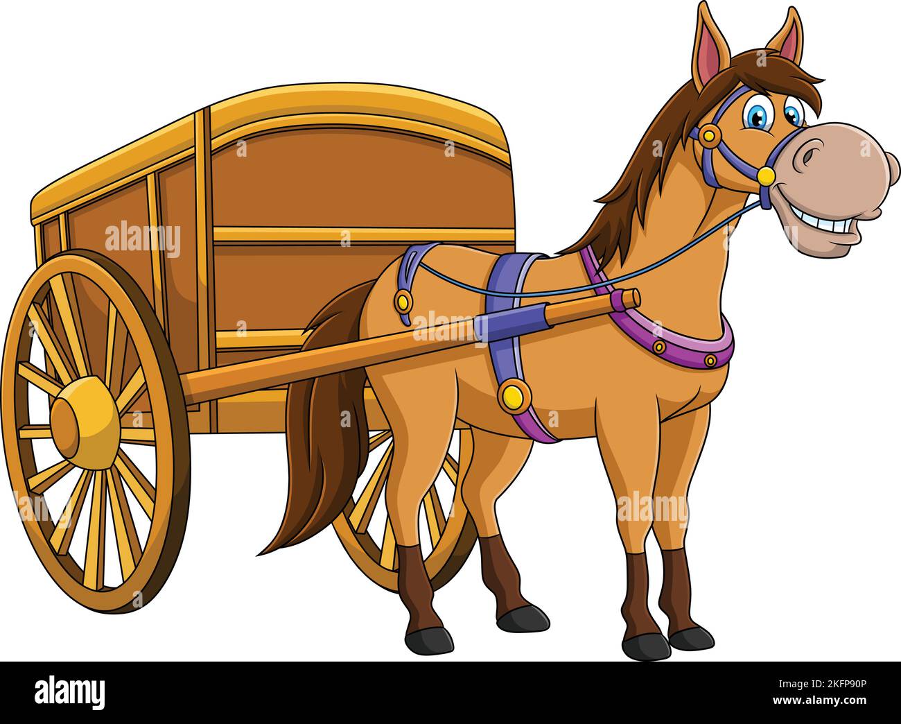 Carrozza di legno con carino cavallo disegno vettoriale cartone animato Illustrazione Vettoriale