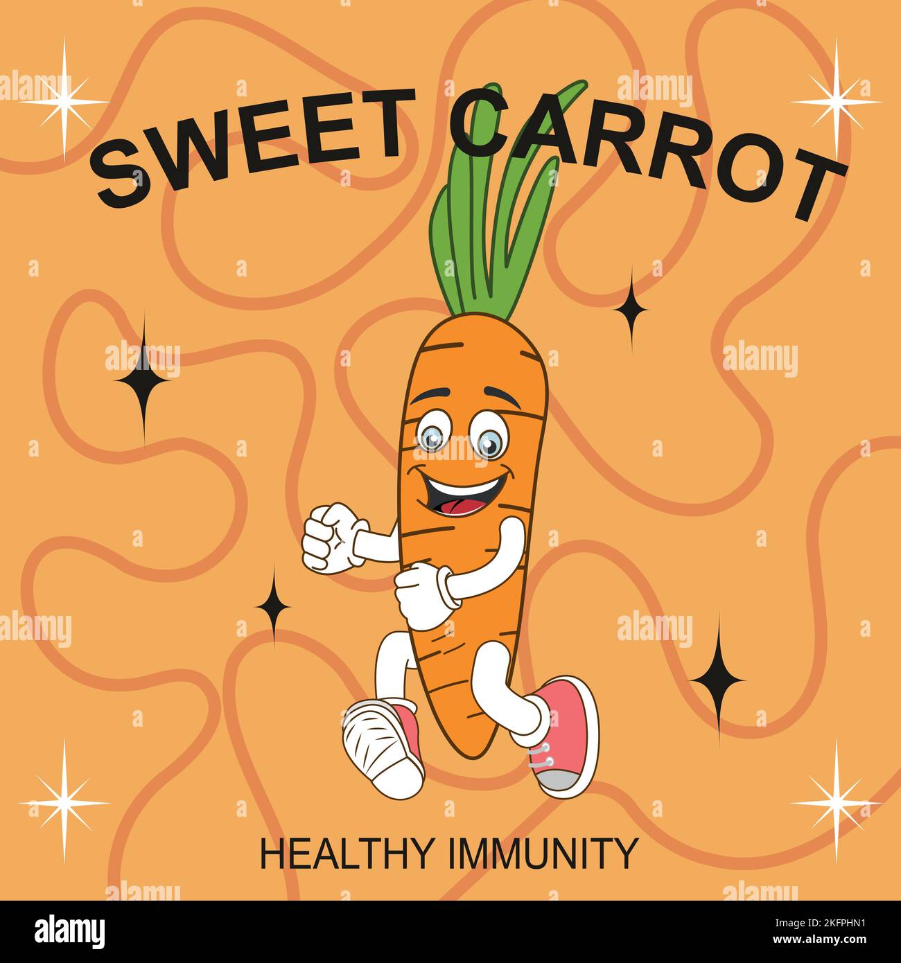 Poster cartone animato personaggio divertente carota dolce. Stile retrò piatto. Illustrazione Vettoriale