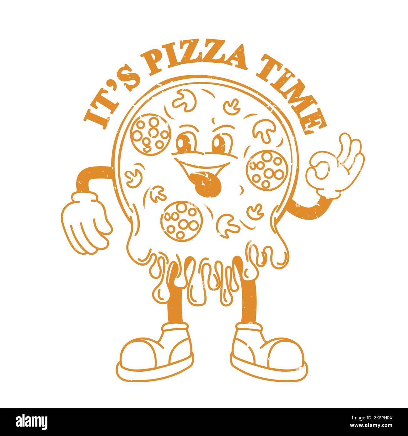 Carattere divertente, delizioso cartoon pizza tempo in stile retrò. Illustrazione Vettoriale