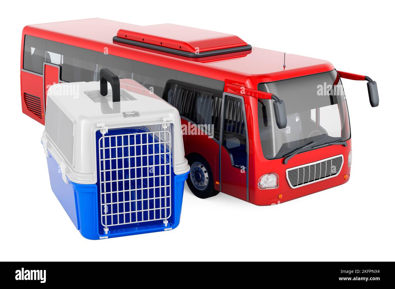 Gabbia in plastica da viaggio PET con bus, rendering 3D isolato su sfondo bianco Foto Stock