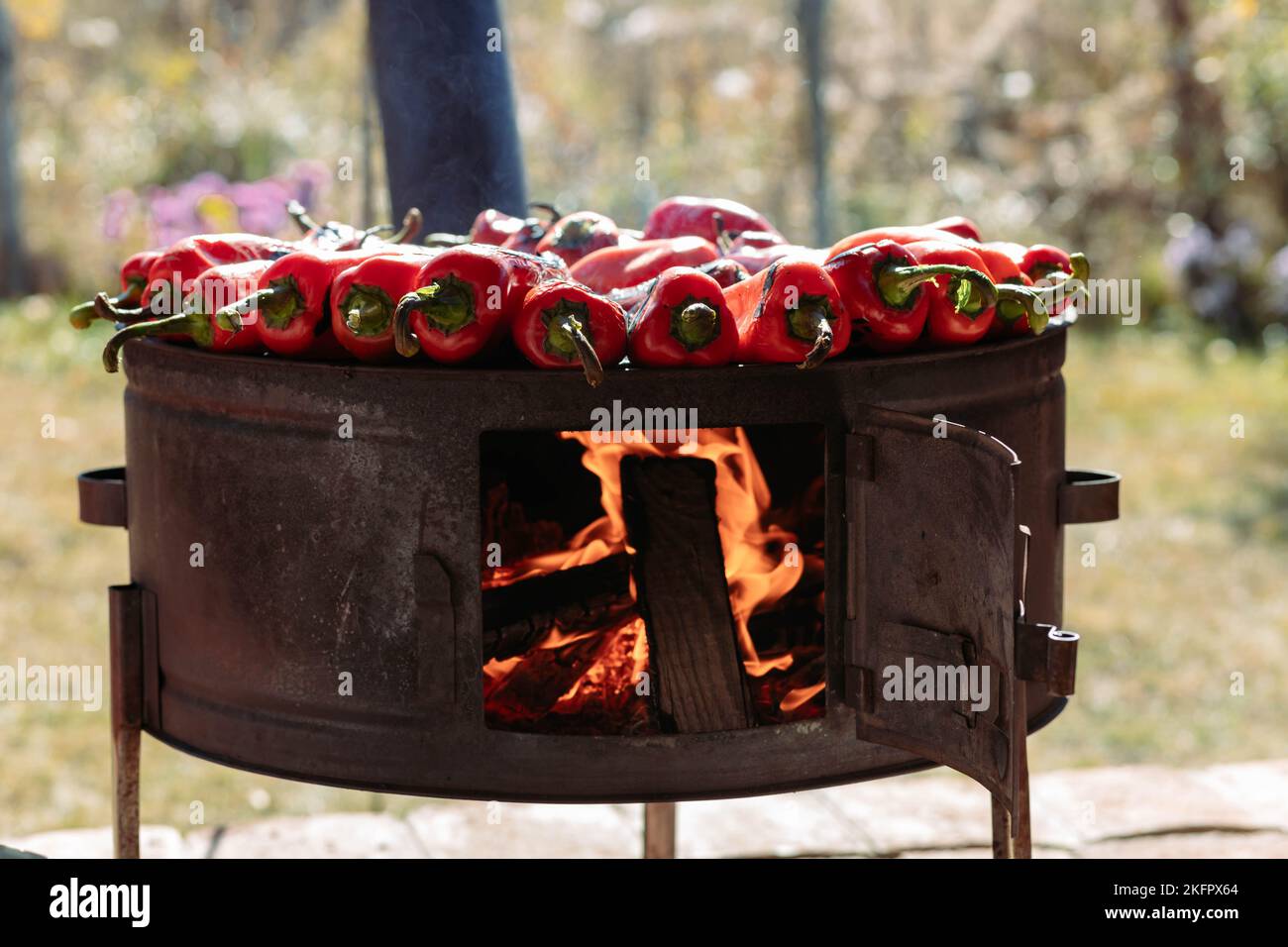 Arrostire peperoni rossi, paprika, per la preparazione di ajvar. Cibo tradizionale balcanico Foto Stock