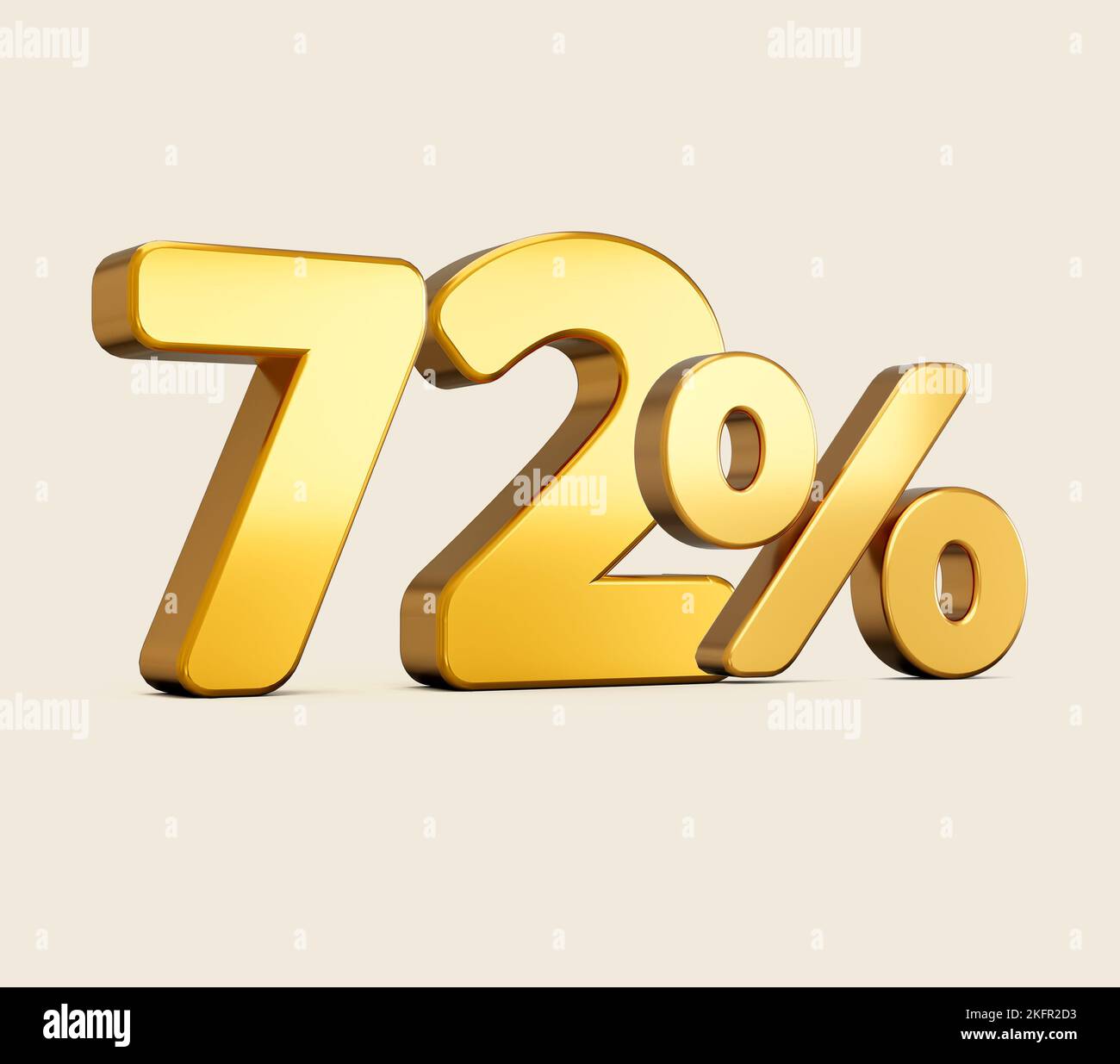 Un'illustrazione del 3D del numero d'oro 72 per cento isolato su sfondo beige con ombra Foto Stock