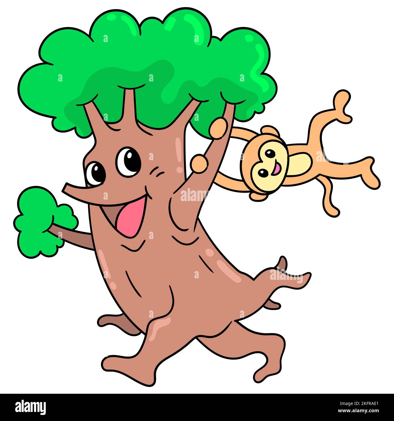 Un'illustrazione vettoriale di un grazioso albero di cartone animato che corre con una scimmia sospesa su un ramo Illustrazione Vettoriale