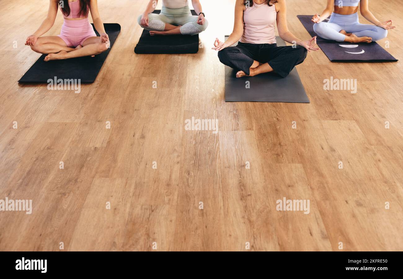 Gruppo di donne che fanno facile posa meditazione durante una lezione di yoga. Donne di diverse età che praticano esercizi di respirazione in uno studio di yoga. Irriconoscibile Foto Stock