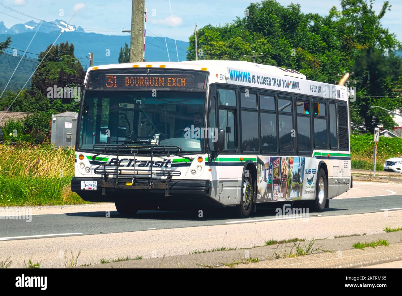 Autobus B.C. Transit sulla rotta Bourquin Exchange, Abbotsford, B. C., Canada. Foto Stock
