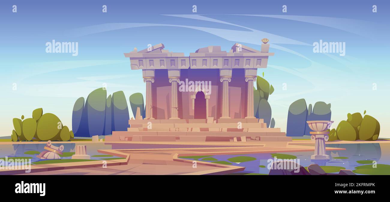 Tempio in rovina, edificio di architettura abbandonato con colonne rotte e distrutto la costruzione di stagno d'acqua. Roma medievale o rovine di Grecia, famoso suo Illustrazione Vettoriale