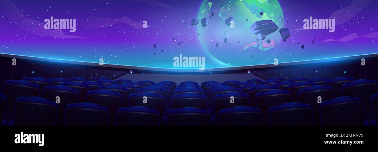 Interno planetario con grande esposizione sferica e molti posti a sedere vuoti. Cartoon vettoriale illustrazione di film sullo spazio, pianeta Terra e asteroidi su Illustrazione Vettoriale