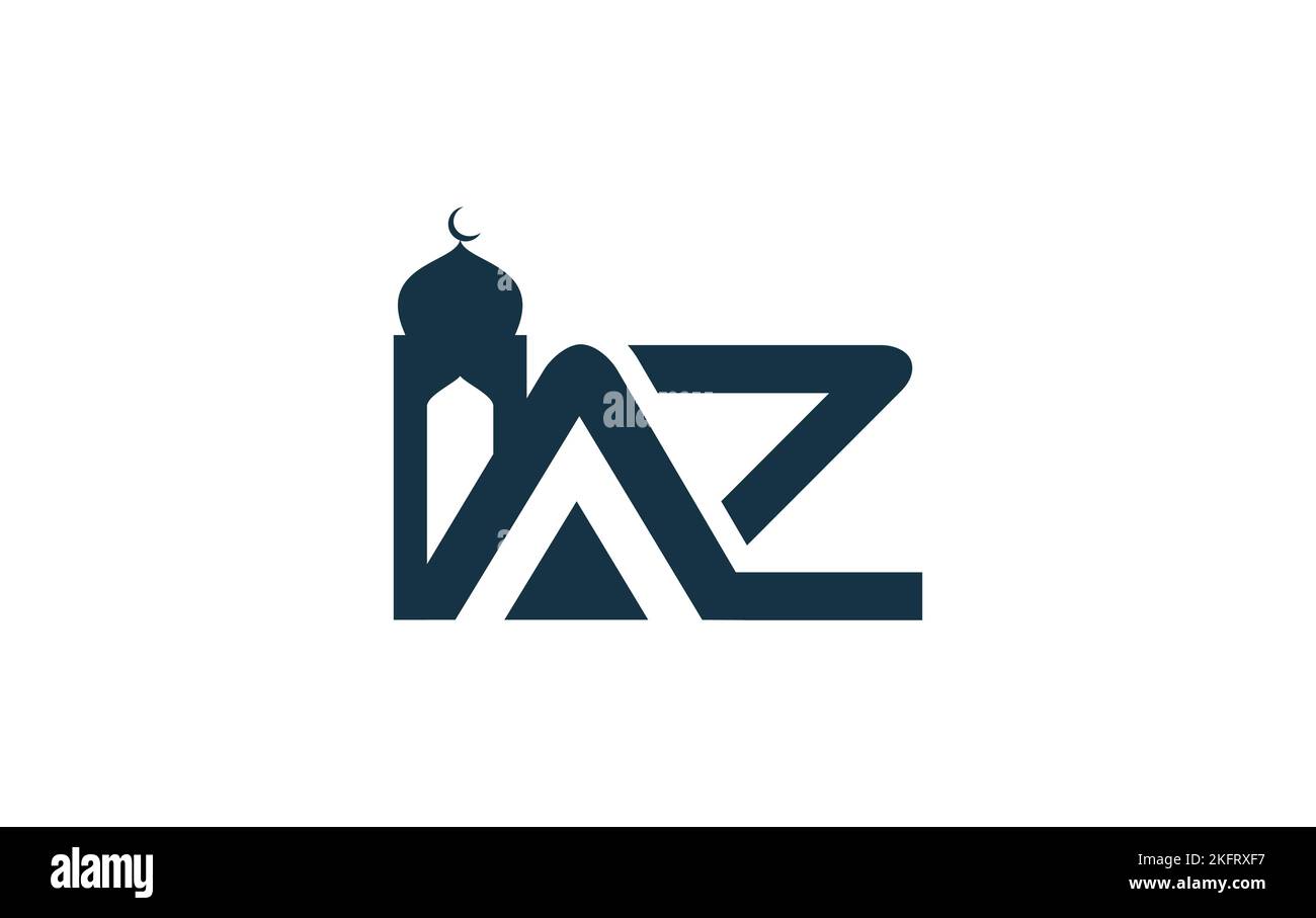 Logo della moschea islamica e icona minar e simbolo vettore di disegno con lettere e alfabeti Illustrazione Vettoriale
