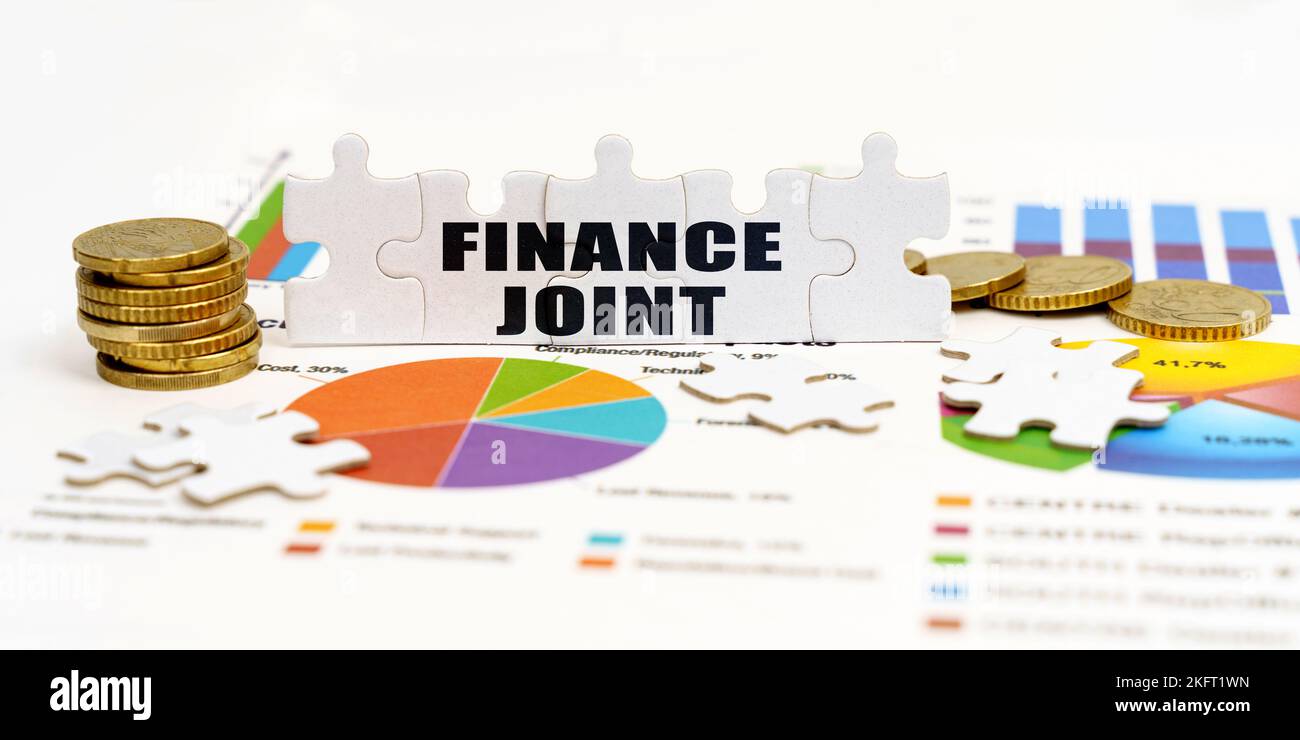 Business ed Economia. Ci sono monete e puzzle sulle carte finanziarie con l'iscrizione - FINANZA COMUNE Foto Stock