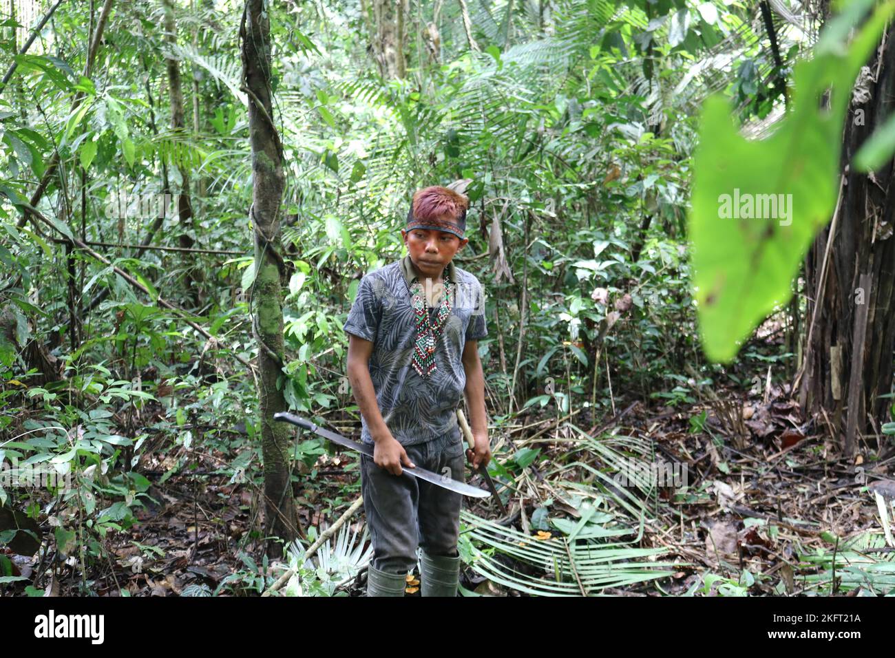 Popolazioni indigene, ragazzo della popolazione indigena Huni kuin che lavora nella foresta amazzonica, Acre, Brasile, Sud America Foto Stock