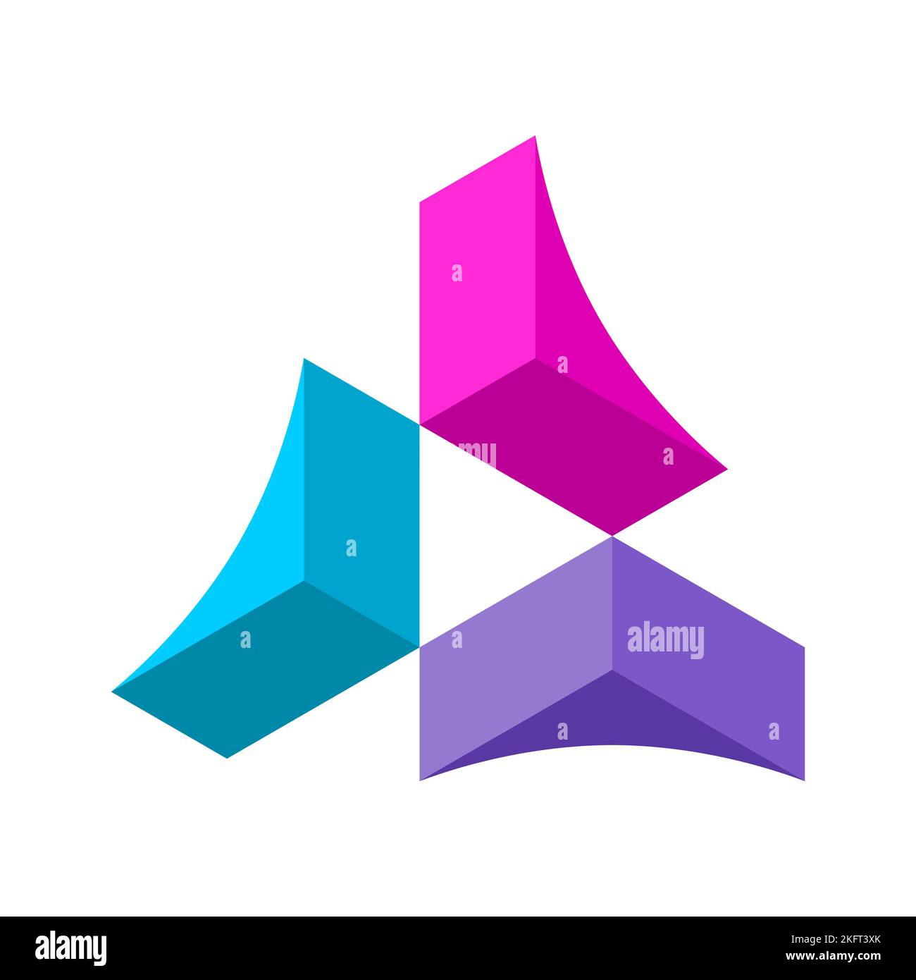 Modello colorato con logo 3D. Forme piramidali uniche rendono il gioco creativo pulsante. Tre oggetti prisma con triangolo all'interno. Illustrazione vettoriale. Illustrazione Vettoriale