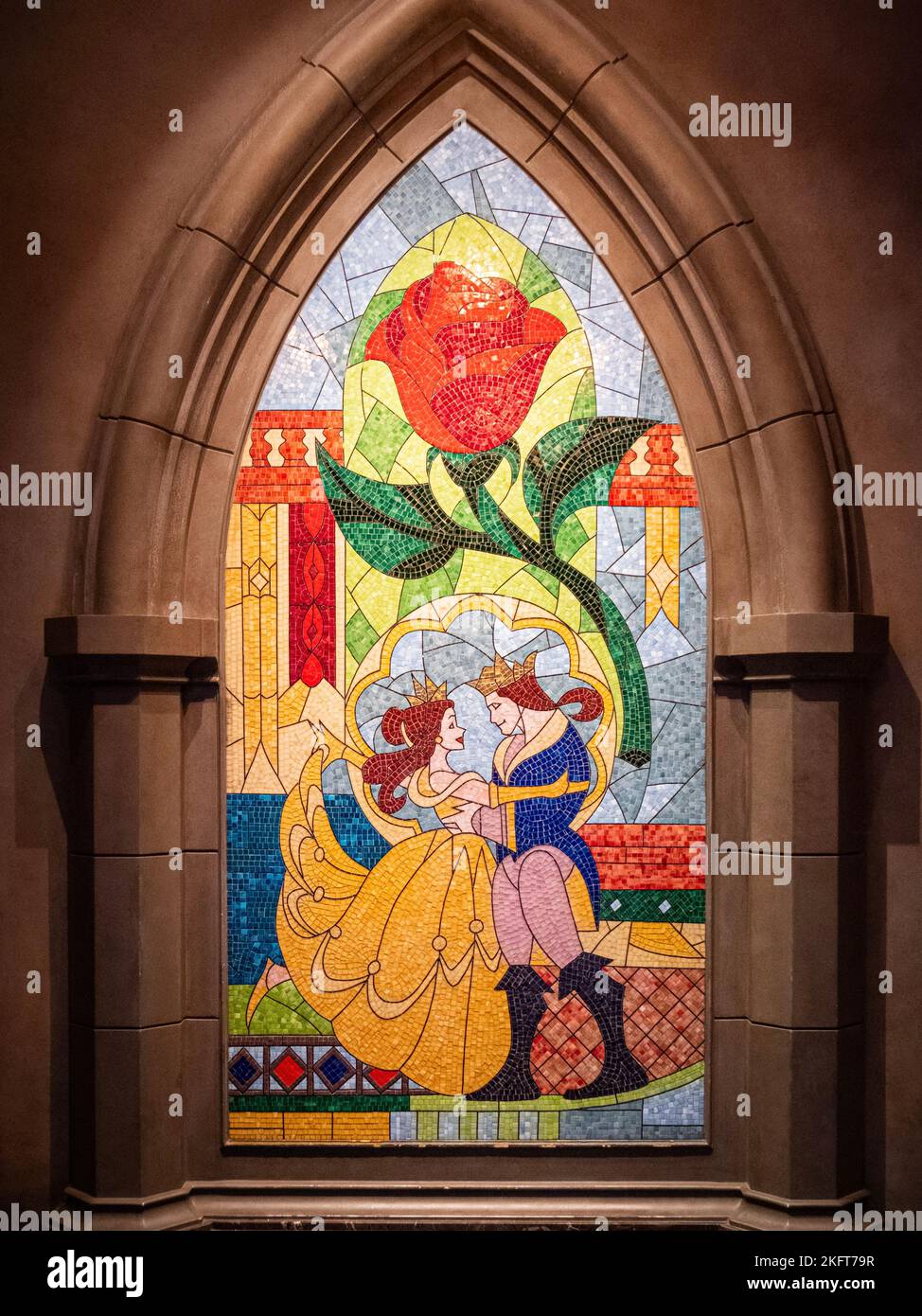 Beauty e il mosaico del ristorante Beast al Walt Disney World, Orlando, Florida Foto Stock