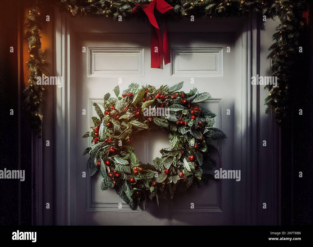 Anello decorativo natalizio di rami di abete appeso alla porta d'ingresso di una casa Foto Stock