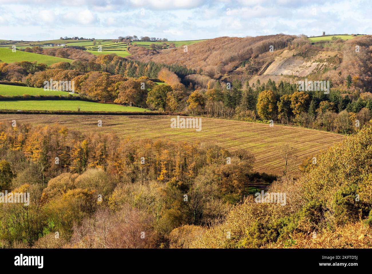 Vista panoramica autunnale dal percorso di Rice Point sul Torrington Commons che si affaccia sulla Torridge Valley verso Monkleigh con Ploughed Field. Foto Stock