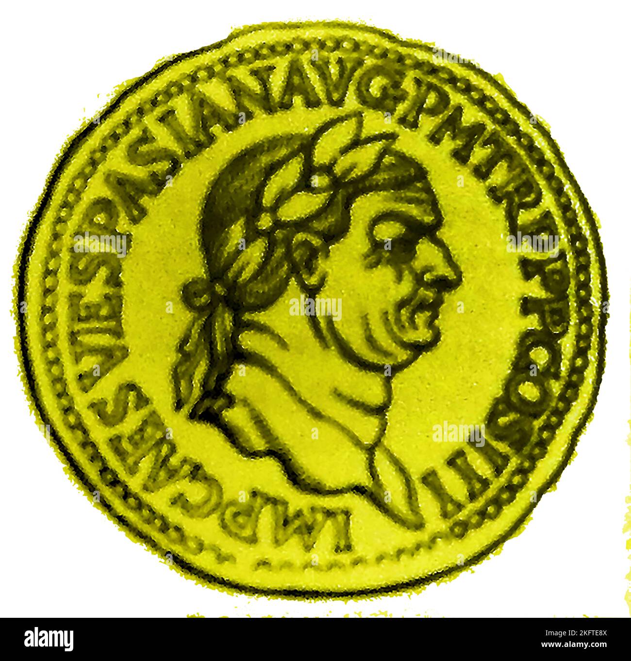 Ritratto dell'imperatore romano Tito Flavio Vespasiano o Vespasiano (9AD - 79AD) su una moneta del tempo. Egli governò dal 1 luglio 69 al 23 giugno 79 , come Imperatore Cesare Vespasiano Augusto e prese parte all'invasione romana della Gran Bretagna nel 43 d.C. ----- Un rito dell'imperatore romano Tito Flavio Vespasiano (9AD - 79AD) su una moneta del tempo. Regnò come Imperatore Cesare Vespasiano Augusto. . . Regnò dal 1o luglio 69 al 23 giugno 79. Foto Stock