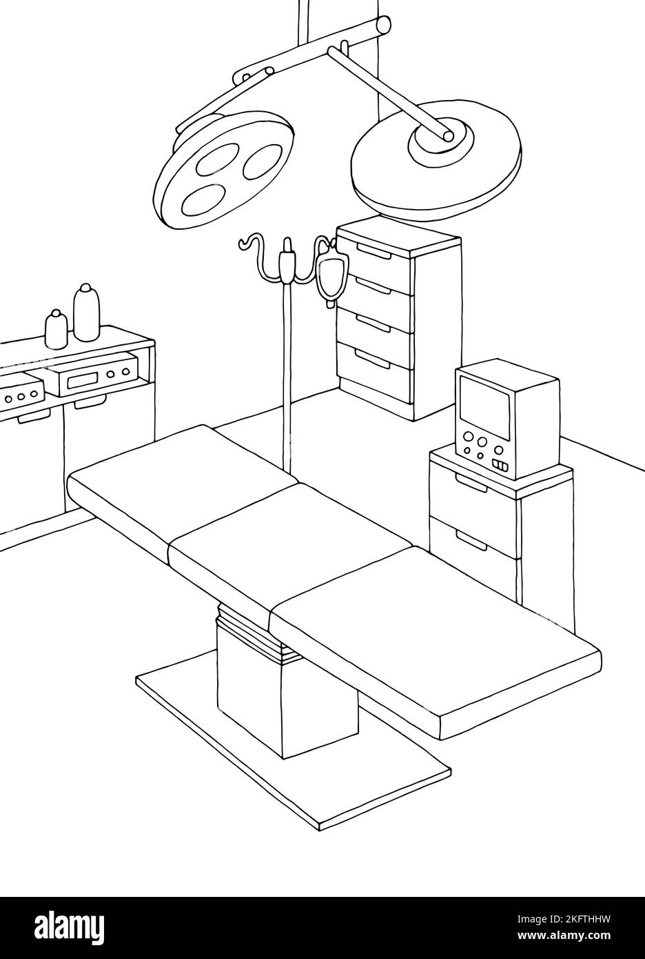 Vettore di illustrazione di schizzo verticale interno bianco nero della sala operatoria Illustrazione Vettoriale