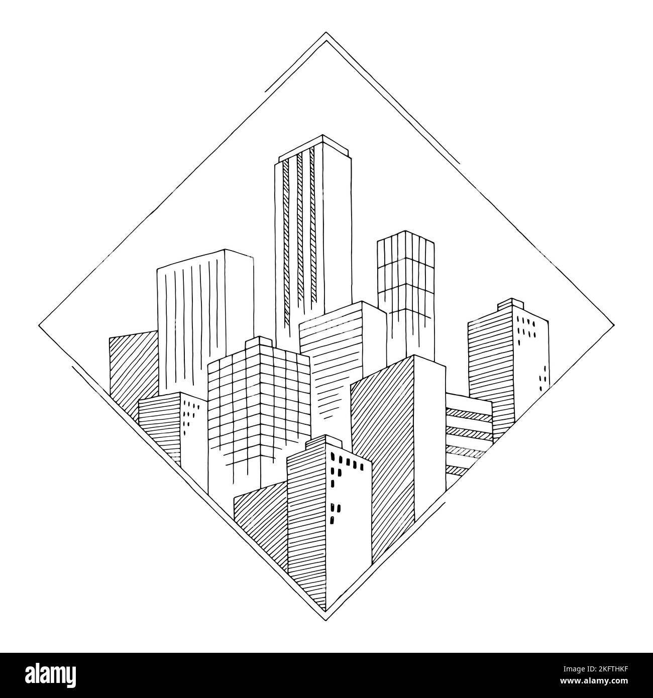 City graphic black white cityscape skyline sketch Diamond frame illustration vettoriale Illustrazione Vettoriale