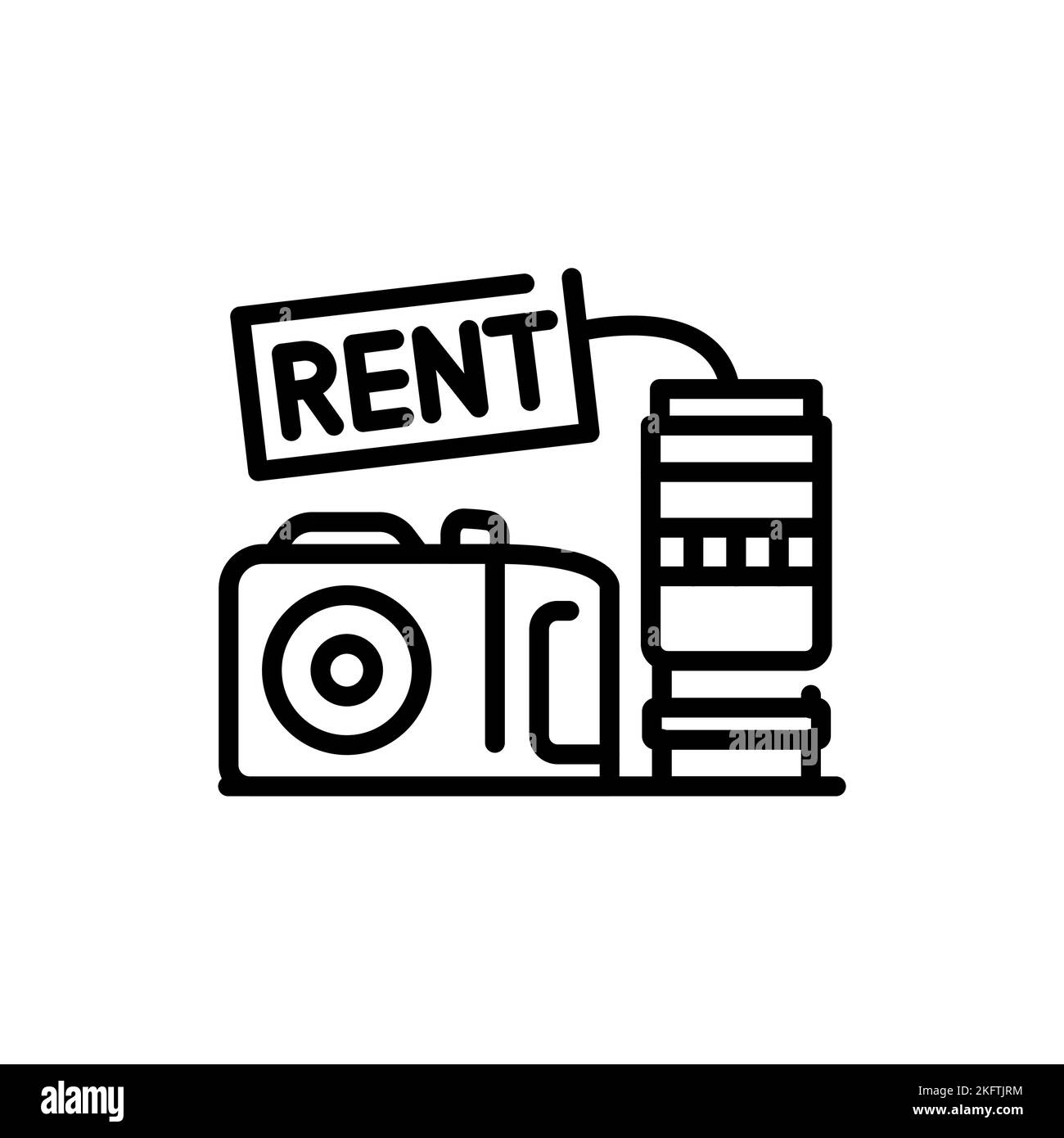 Icona linea nera noleggio fotocamera. Fotografare l'attrezzatura. Illustrazione Vettoriale