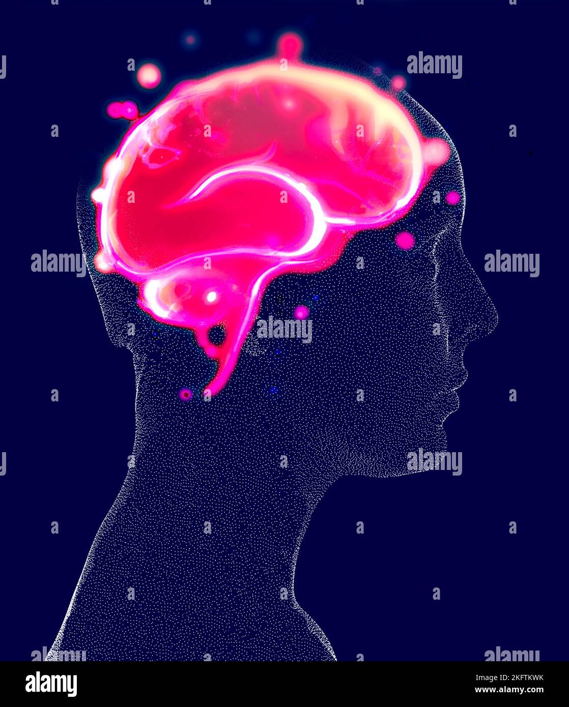 Neurologia, filosofia: Le connessioni, lo sviluppo del pensiero e della riflessione, le infinite possibilità del cervello e della mente. Faccia anatomica umana Foto Stock