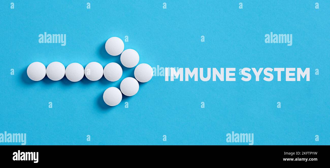 Forma a freccia fatta di pillole mediche che indicano la parola sistema immunitario. Integratori medici per migliorare il concetto di sistema immunitario. Foto Stock