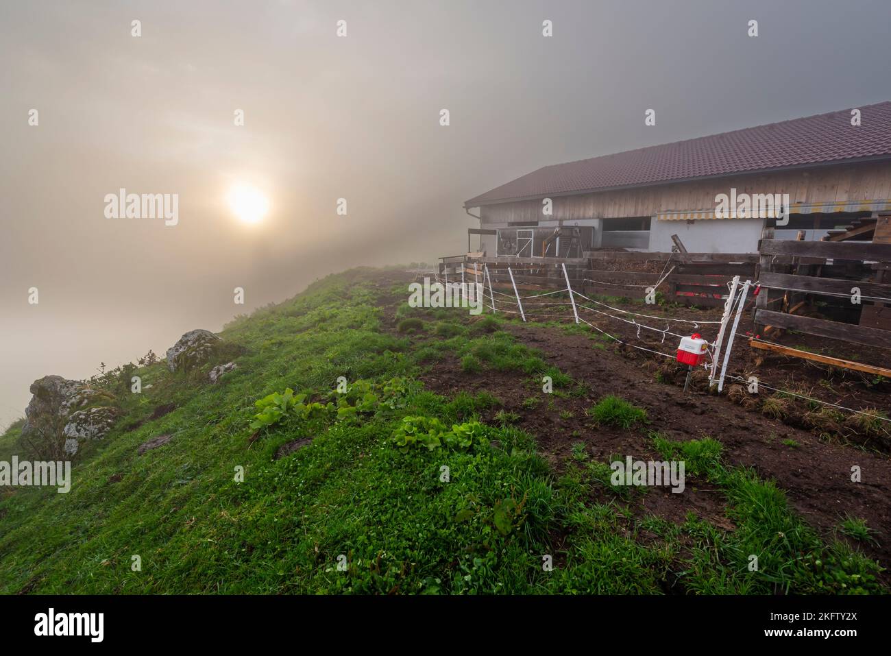 Le nuvole di nebbia sgusciano sotto un cielo sgonfio dopo una tempesta estiva di fulmini sui prati e un capannone di una fattoria presso l'alpe di Ackernalm, Tirolo, Austria Foto Stock