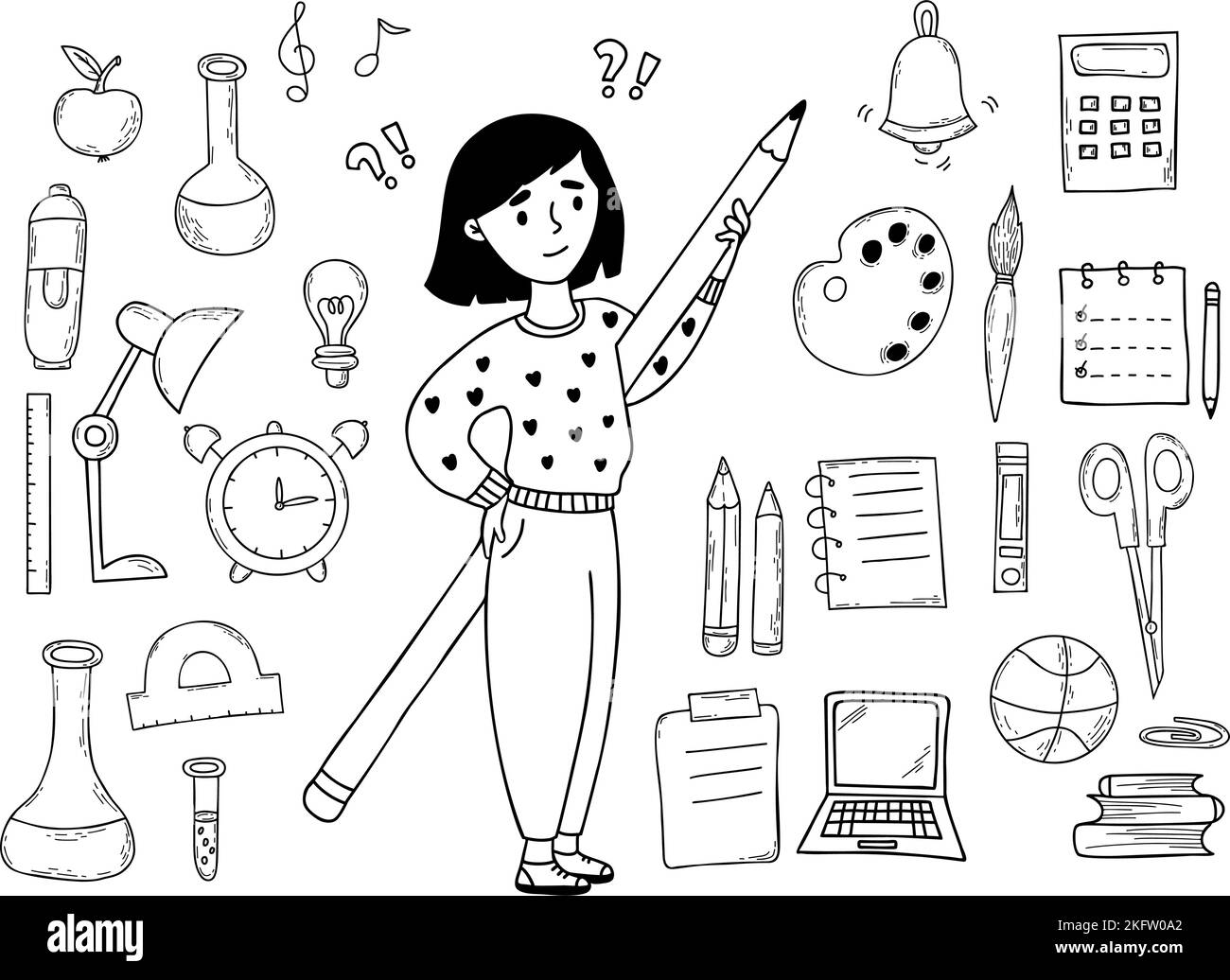 Raccolta di doodles educativi. Ragazza carina con matita, cancelleria, quaderni scolastici, penne e libri, hobby e passioni oggetto. Illustrazione vettoriale. Illustrazione Vettoriale