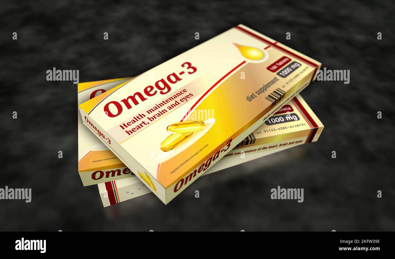 Linea di produzione scatole Omega 3. Sana alimentazione e dieta supplemento pillole fabbrica. Illustrazione del rendering del concetto astratto 3D. Foto Stock