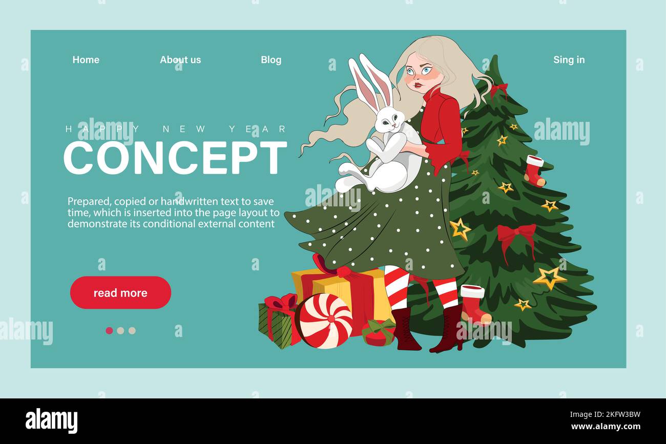Vacanze invernali, Landing Page Template per la festa aziendale. I personaggi più piccoli celebrano il nuovo anno con il grande 2023 Illustrazione Vettoriale